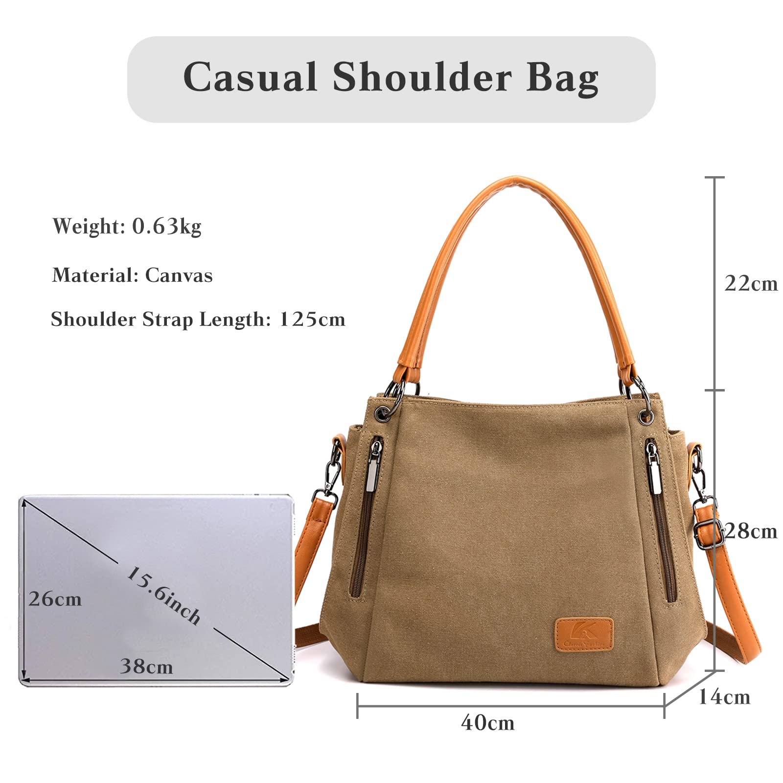 Сумка CORIOS Женская Хозяйственная холщовая Сумка через плечо Многофункциональная Сумка для работы школы покупок путешествий повседневная, коричневая, повседневная, ретро, фото №3