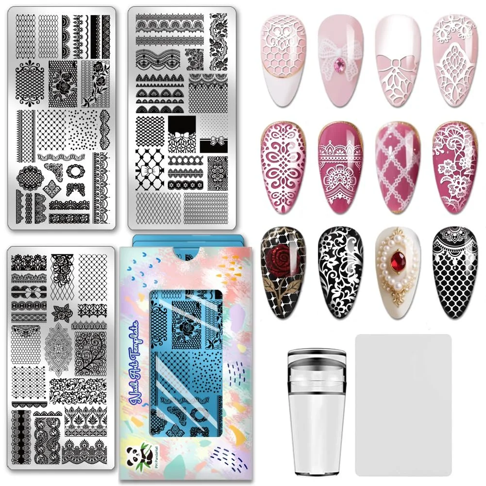 Пластины для стемпинга PH PandaHall 3 штуки Lace Pattern Flowers Tips Retro нержавеющая сталь со штампом и скребком, фото №1
