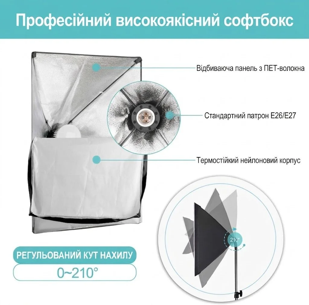 Студійне світло з софтбоксом EMART 50х70 см 85W Чорний, фото №3