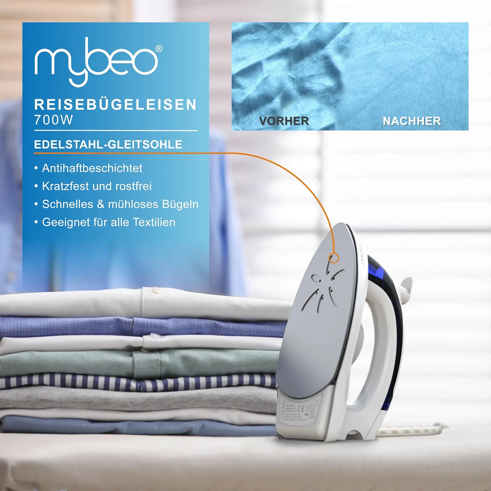 Дорожня парова праска MyBeo CSL-Computer Складана ручка Підошва з антипригарним покриттям 700 Вт, фото №6