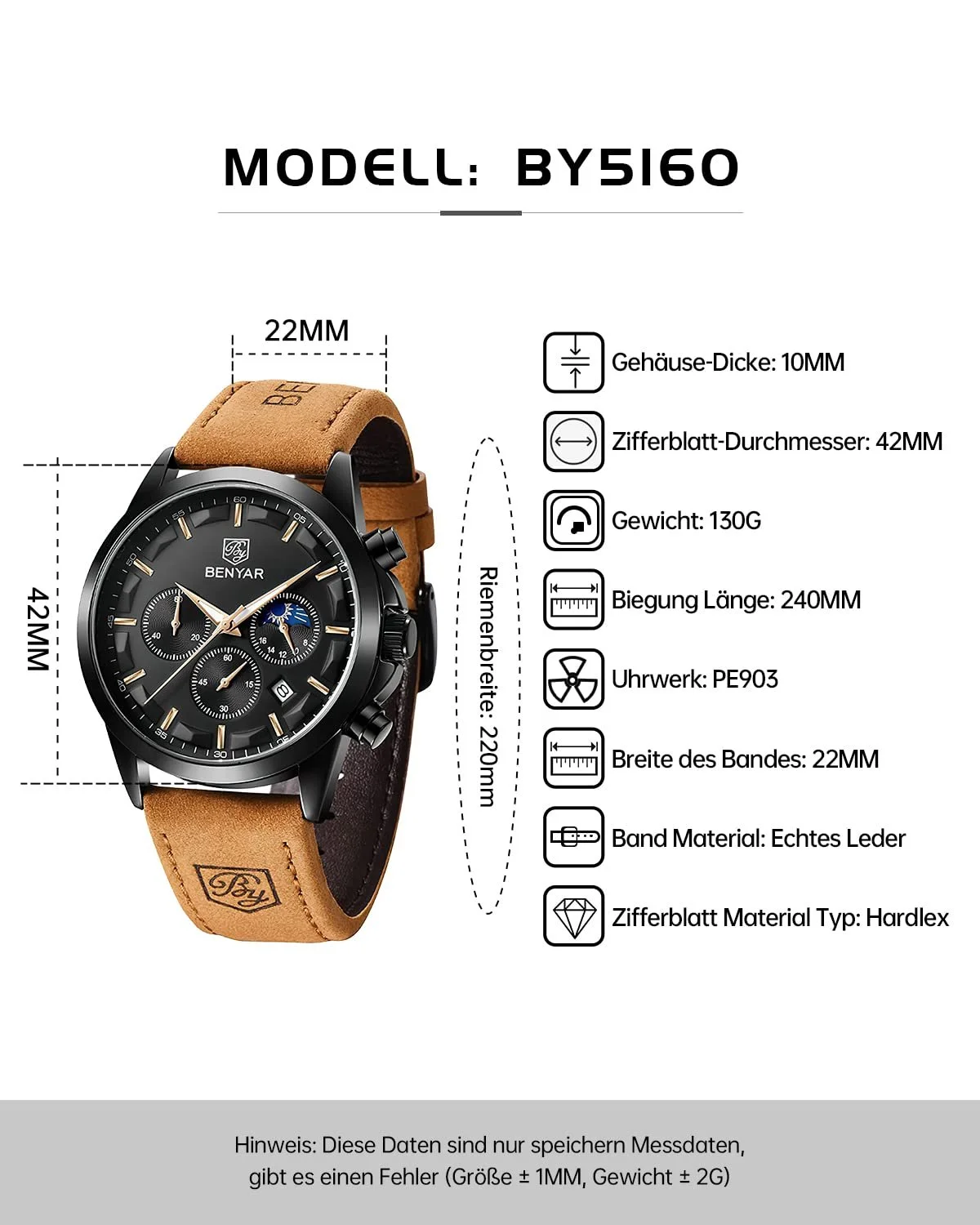 Мужские часы Benyar Хронограф Водонепроницаемые Кожаный Ремешок / Нержавеющая сталь Кварц Золотой / Серебряный / Синий / Черный, фото №8 Мужские часы Benyar Хронограф Водонепроницаемые Кожаный Ремешок / Нержавеющая сталь Кварц Золотой / Серебряный / Синий / Черный, фото №8