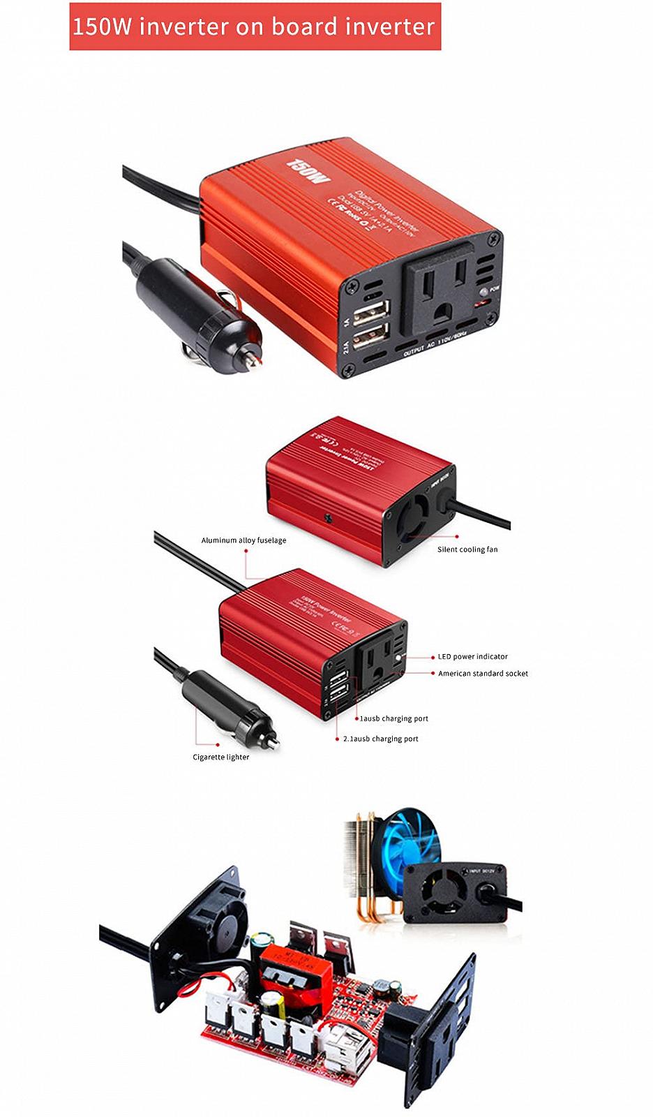 Інвертор Asudaro Power Converter 150 W 12 V до 110 V / 12 V до 220 V 2 USB авто US/JP/EU червоний, фото №2