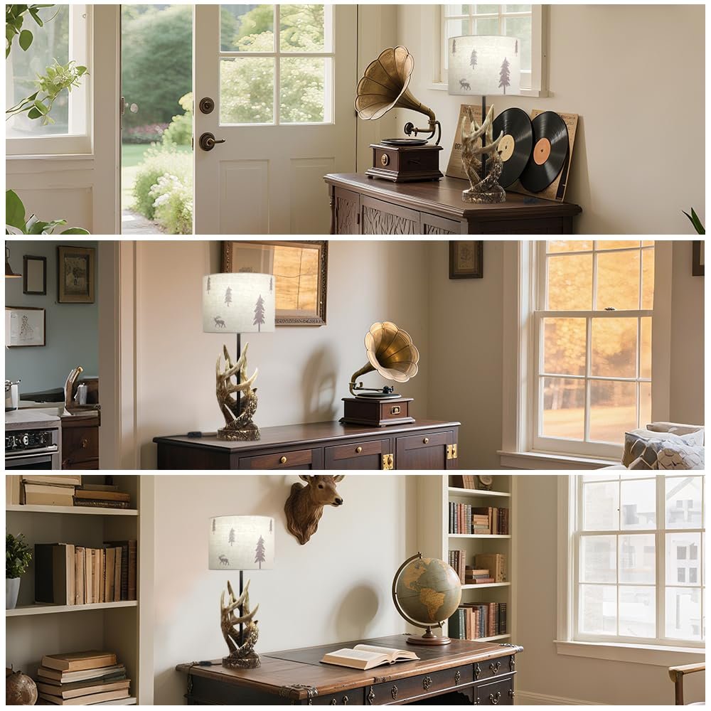 Настільна лампа зі смоли в рустикальному стилі тканинний абажур з мотивом оленя та дерева основа у вигляді рогів коричнева бежева, фото №5