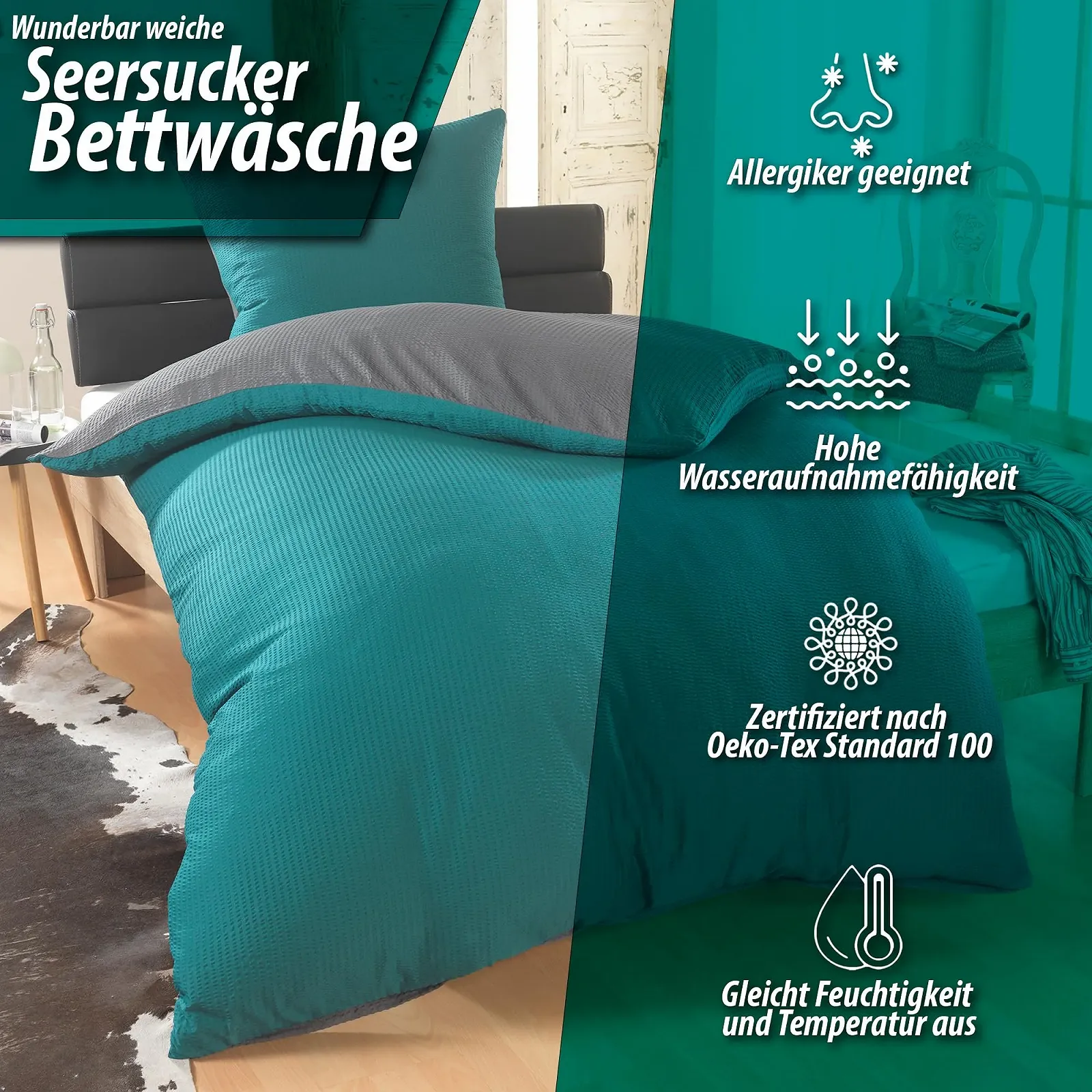 Комплект постільної білизни DreamHome 2-Piece Plain Fine Seersucker двосторонній 155 x 220 см Grey/Petrol, фото №2