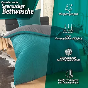 Комплект постільної білизни DreamHome 2-Piece Plain Fine Seersucker двосторонній 155 x 220 см Grey/Petrol synthetic.ua - Фото 1