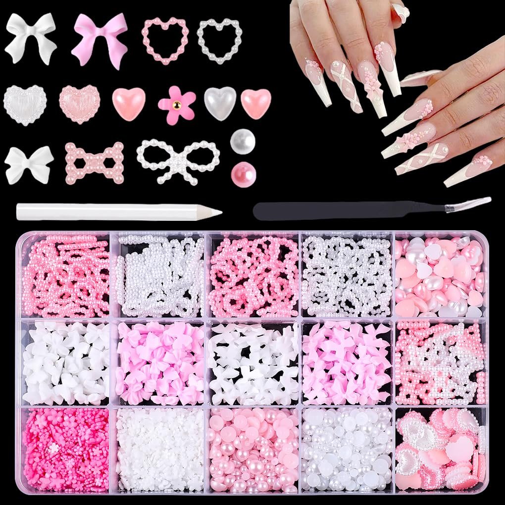 3D Украшения для ногтей FineInno Набор 1000 шт. Разные формы, украшения для ногтей, бантики-сердечки, цветы, стразы для женщин и девушек, аксессуары для ногтей, фото №1