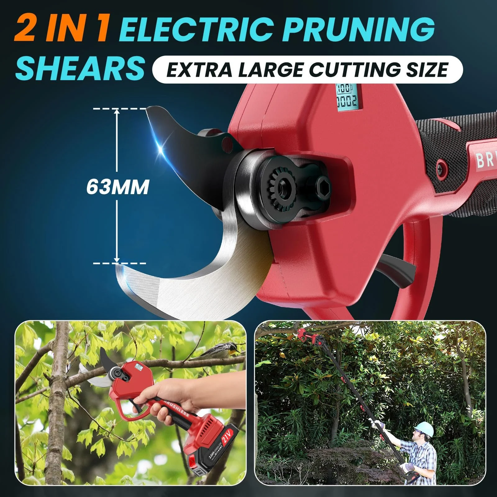 Акумуляторний сучкоріз 2-в-1 з телескопічною штангою 50 мм з 2 акумуляторами 21 В 2000 мАг, РК-дисплеєм, подовженням 2,5 м, 6-10 годинами роботи, безщітковим двигуном, фото №2