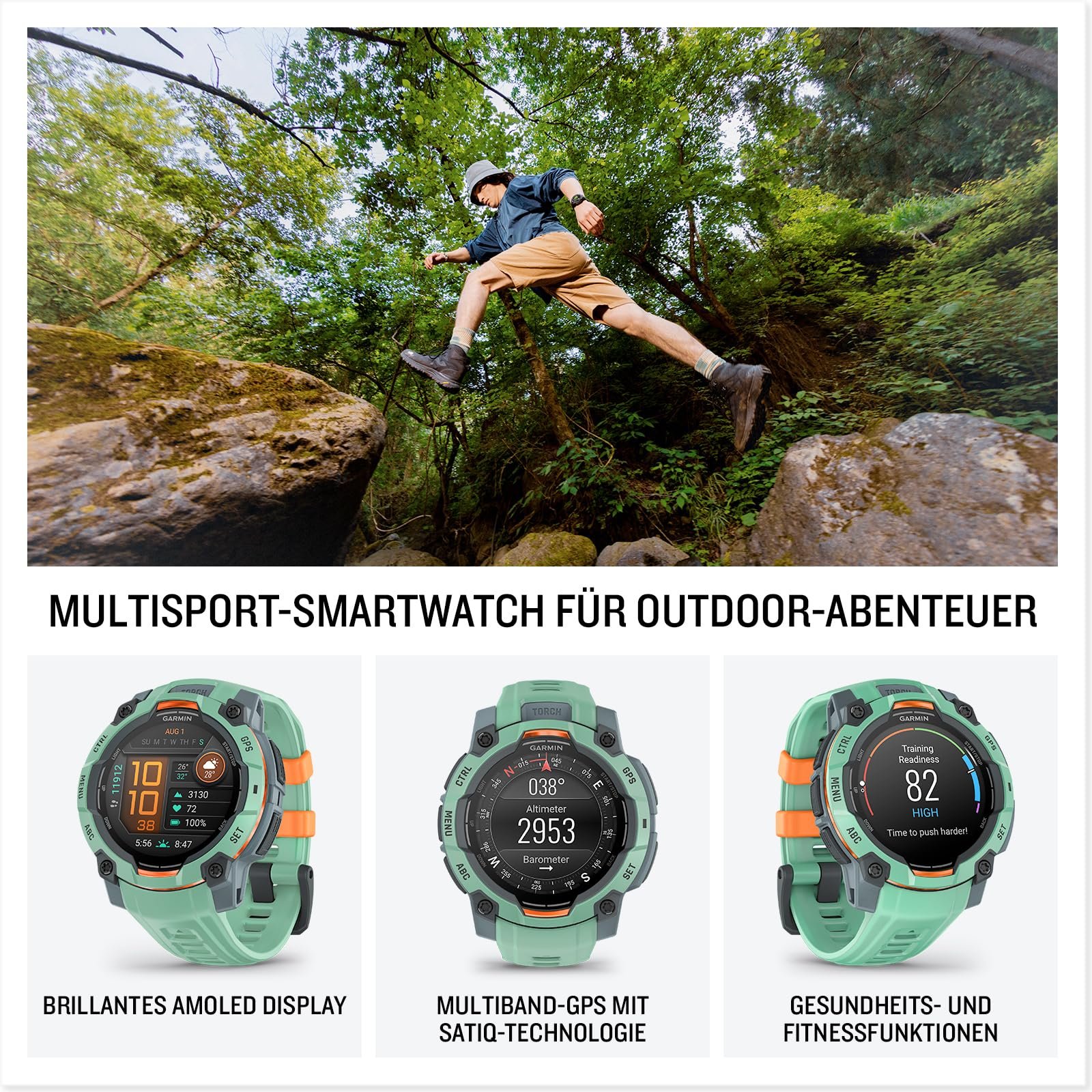 Смарт-часы Мультиспортивные Garmin Instinct 3 45 мм AMOLED GPS, дисплей 1.2 дюйма AMOLED, до 18 дней работы от батареи, 80+ спортивных приложений, тренер по здоровью, мультиспутниковый прием, светодиодный фонарик, уведомления, фото №3
