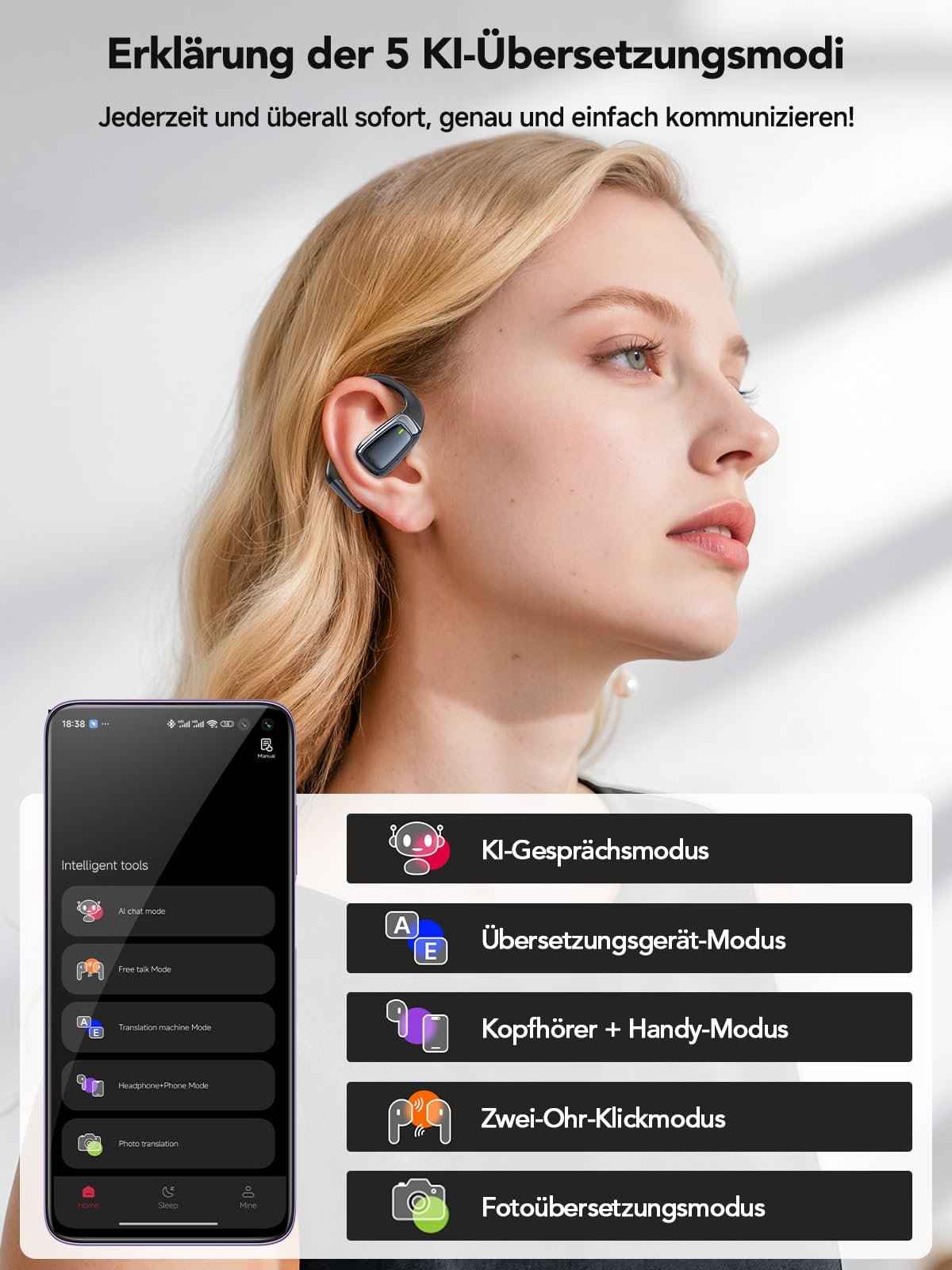 Наушники-переводчики AI, 3-в-1, Bluetooth 5.4 голосовой для 134 языков с приложением, 60 часов, 5 режимов перевода реального времени для обучения, фото №4