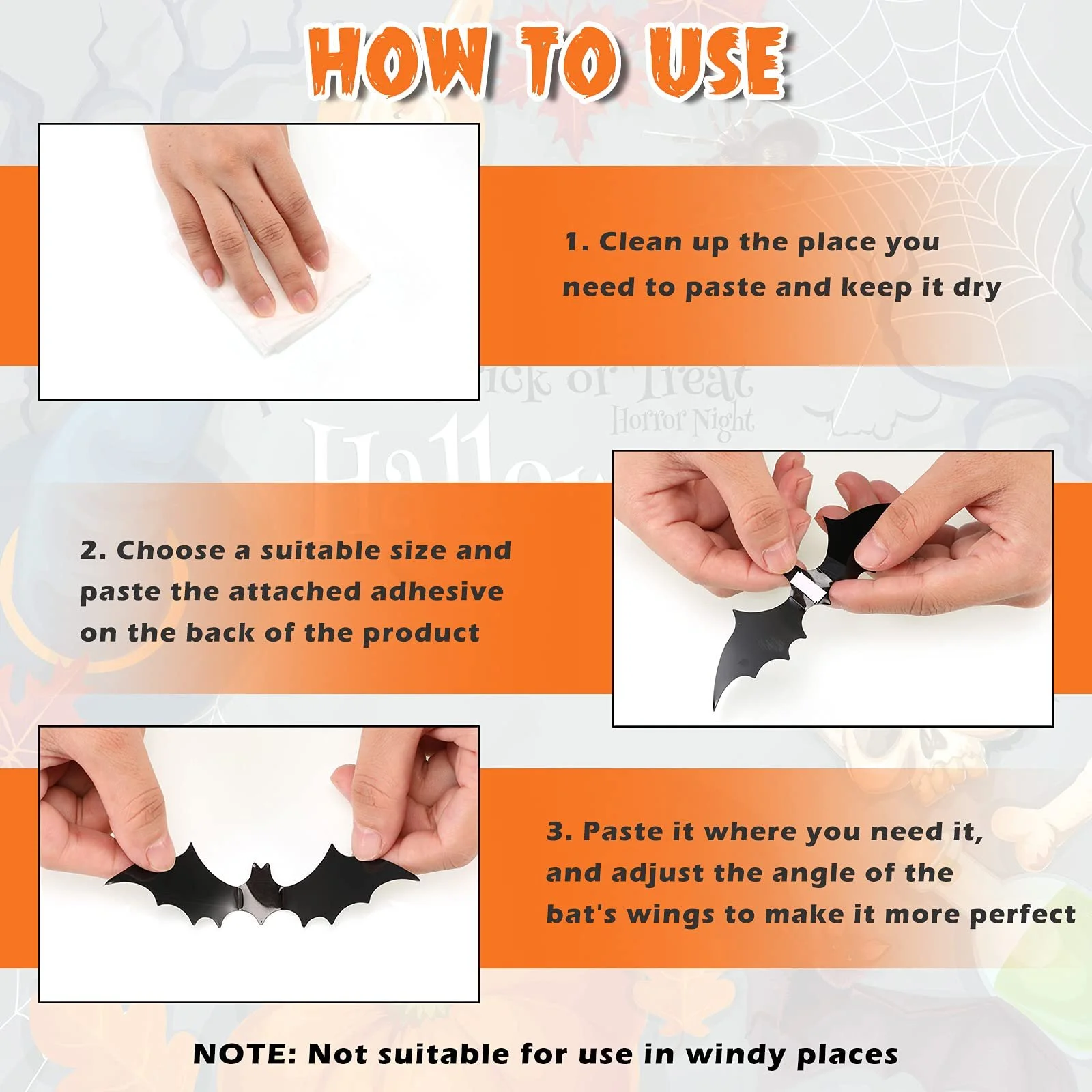 Наклейка на стіну 24 штуки 3D Bat Stickers Хелловін 4 розміри Чорна, фото №4