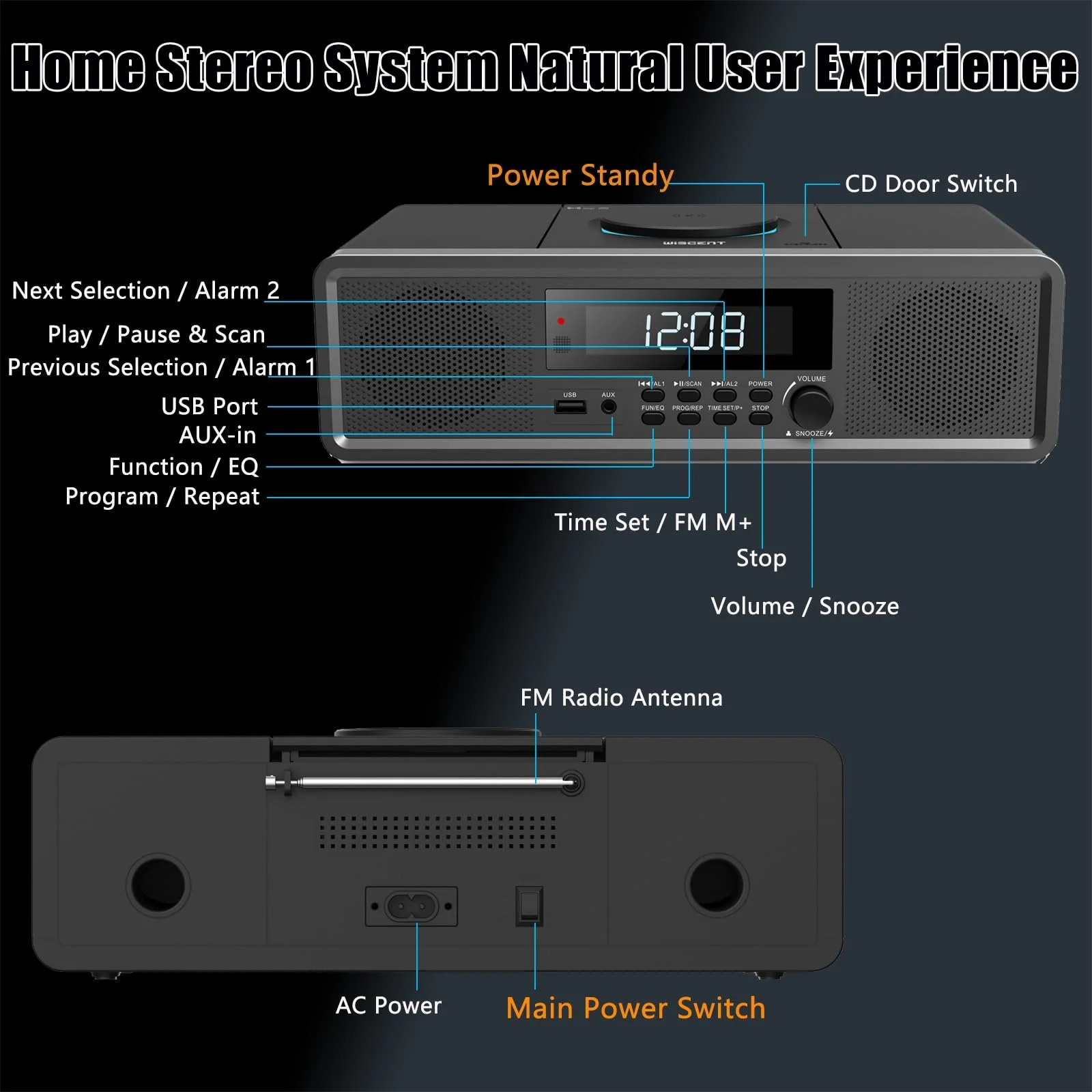 CD-проигрыватель WISCENT Home Stereo System с Bluetooth, FM-радио, Aux-In, USB, часами, двойным будильником, фото №7