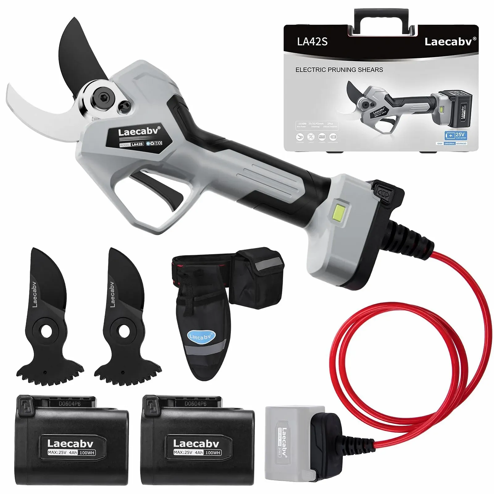 Секатори електричні Laecabv LA42SGYBK 42 мм з 2 літієвими батареями 25 В/4.0 Ач LCD Прогресивний зріз Чорний, фото №1