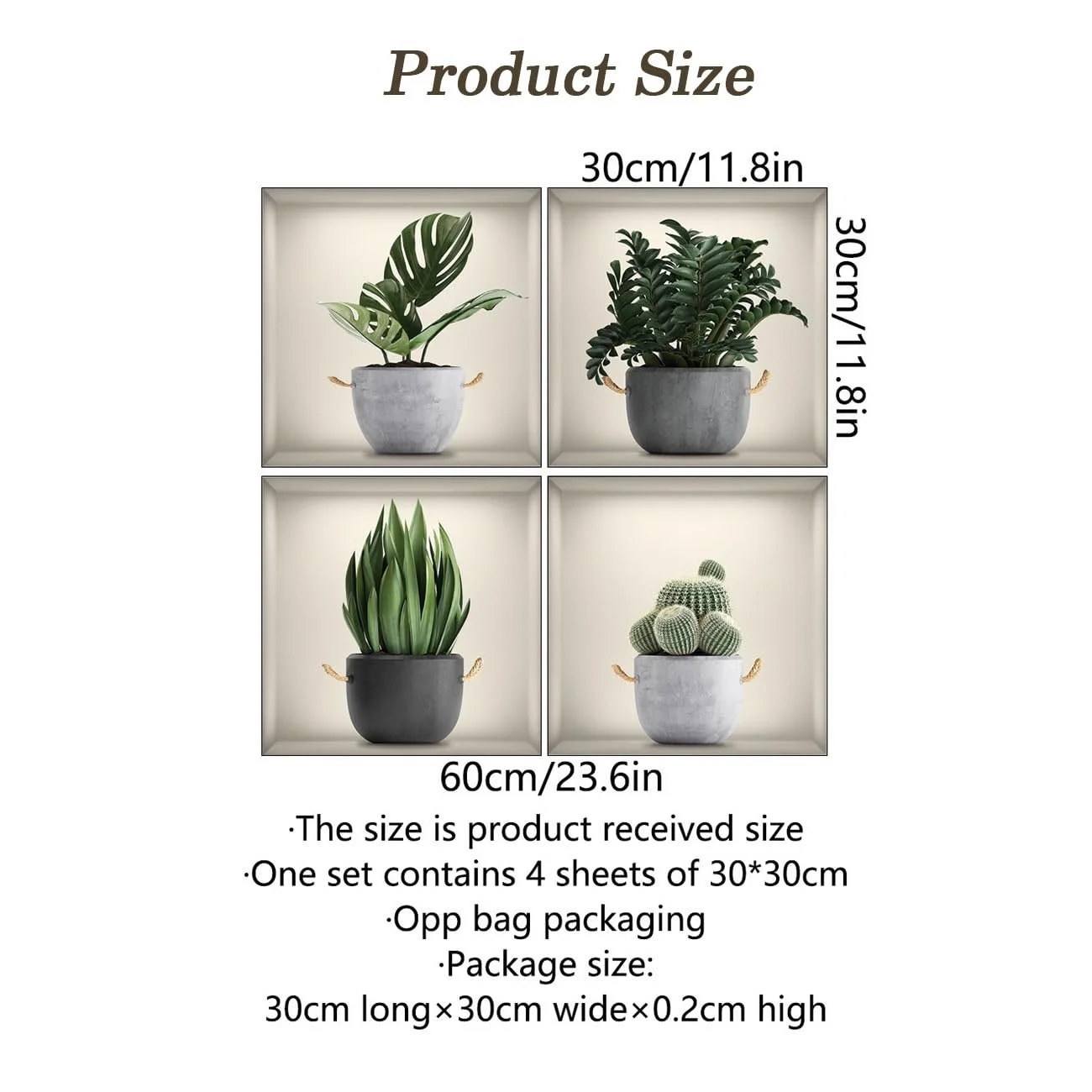 Набір наклейок на стіну 3D Green Potted Plant Flowers Vases 30 x 30 см 4 шт, фото №2