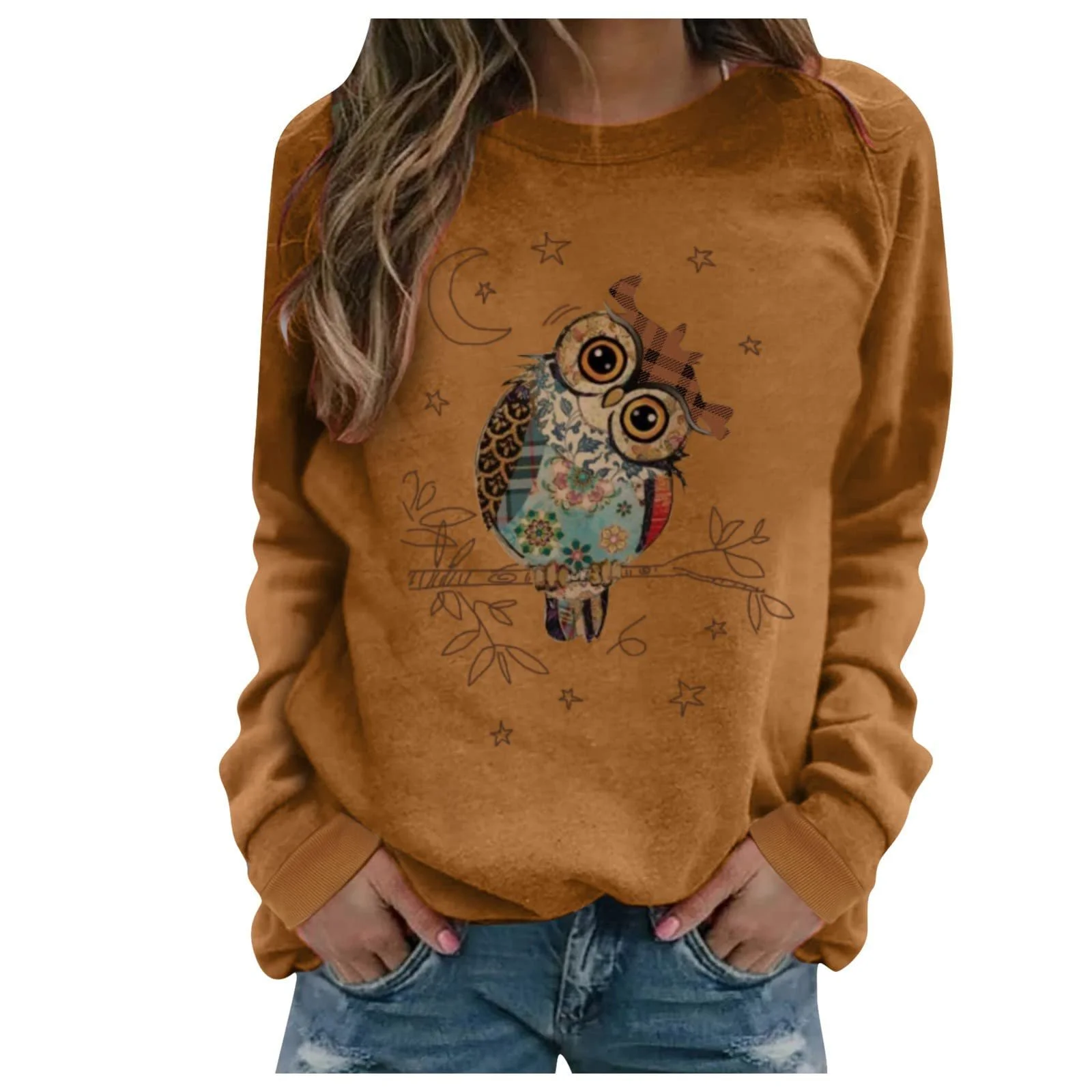 Женский свитшот оверсайз с длинными рукавами, милым 3D принтом совы, спортивный джемпер с круглым вырезом без капюшона, теплый свитер с длинными рукавами и рисунком совы, фото №1