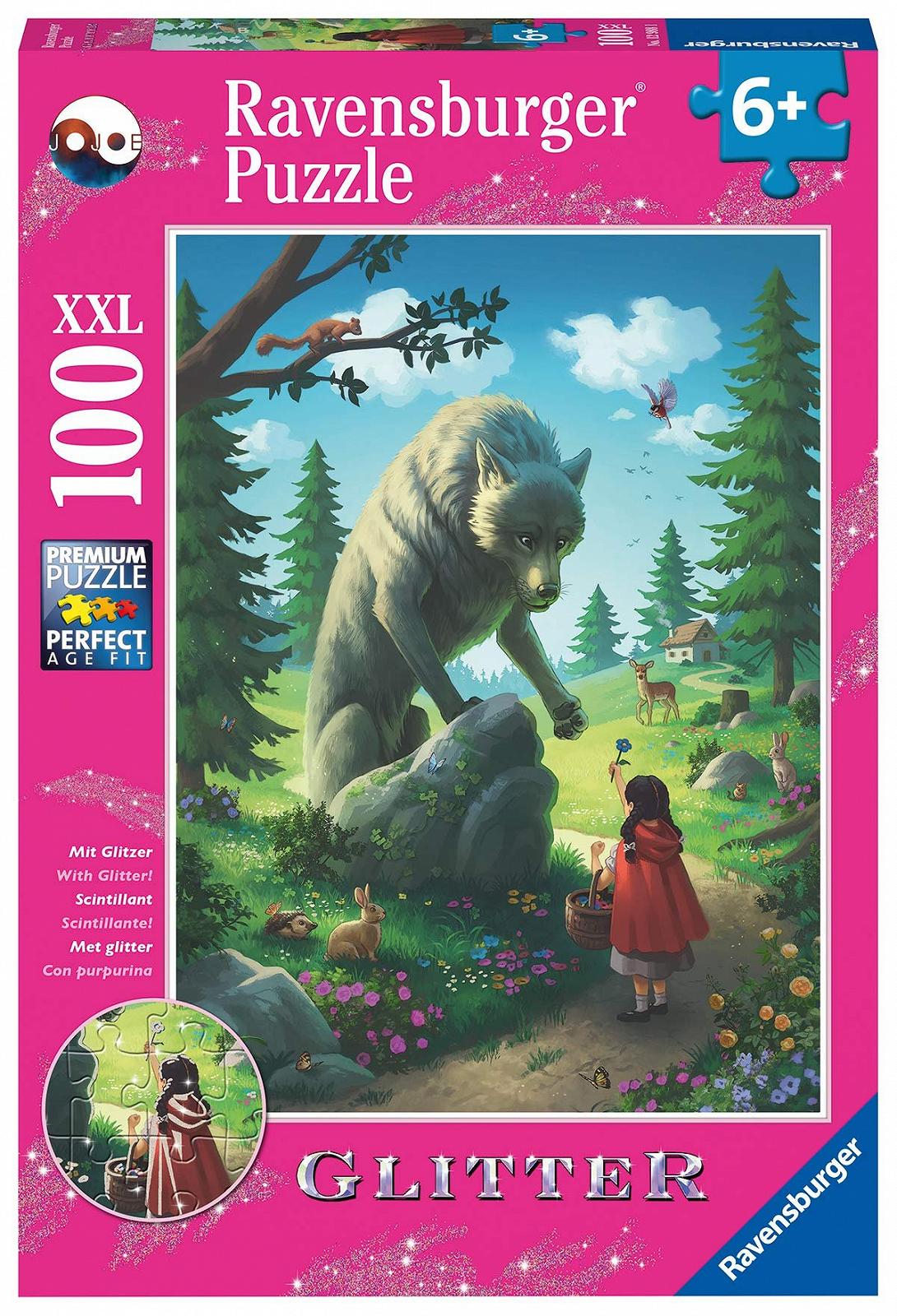 Дитячий пазл Ravensburger Little Red Riding Hood and the Wolf 12988 100 деталей XXL з блискітками, фото №1