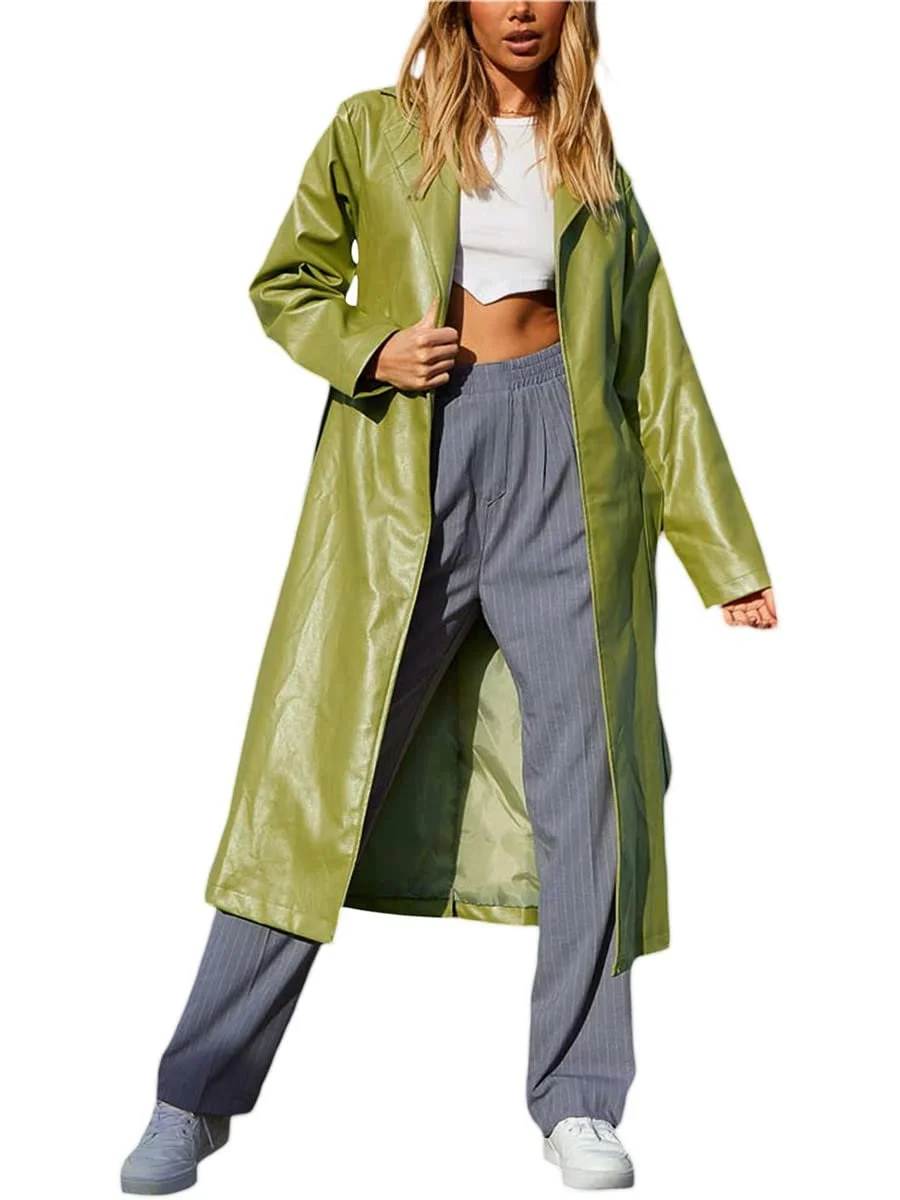 Жіноче повсякденне PU штучне шкіряне довге пальто-тренч вітрозахисне з поясом однотонне з лацканами, фото №5