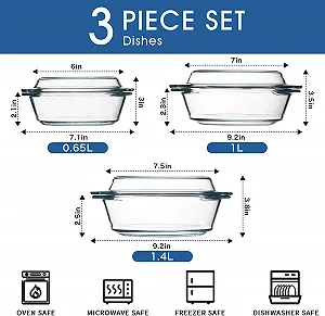 Набор кастрюль для запекания 3 шт круглые с прозрачными крышками 0,65 + 1 + 1,4 л для духовки и микроволновки synthetic.ua - Фото 1