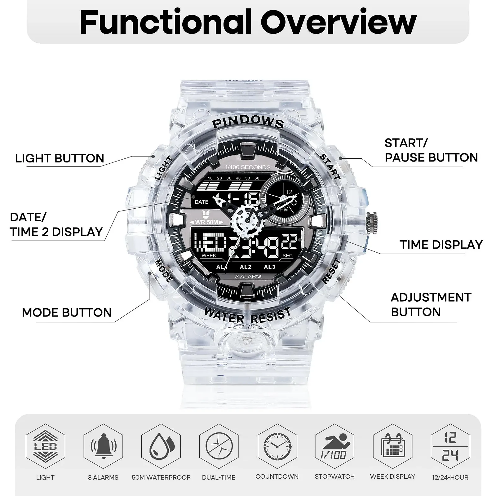 Мужские часы Цифровые спортивные часы Золотые часы Водонепроницаемые часы с 3 будильниками/обратным отсчетом/секундомером/цифровой аналоговый/двойное время/подсветка/военные многофункциональные часы, фото №2