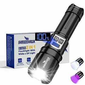 Ліхтар Shadowhawk 2-в-1 LED/UV Перезаряджуваний з подвійним перемикачем 500 000 люмен Надзвичайно яскравий з УФ чорним світлом для інспекції/кемпінгу/відкритого повітря, безперервне затемнення, зручне керування - Фото 1