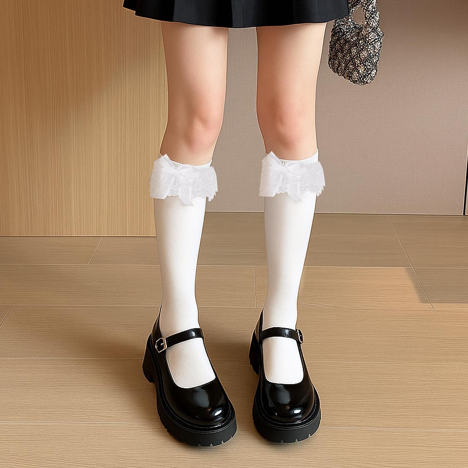 Носки Lolita Lusofie Белые милые кружевные носки с оборками для девочек, женские носки-гольфы с бантом и оборками, носки с оборками Loli для девочек, белые носки-гольфы с бантом для детей, белые, фото №6