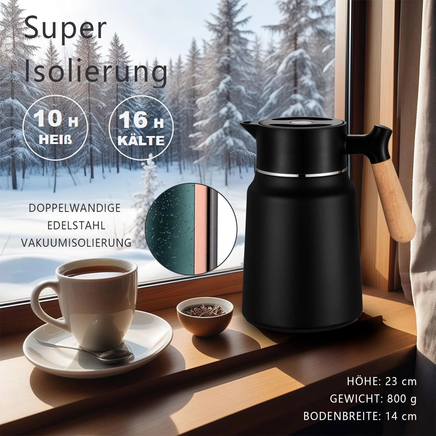 Термос VETIN 1,5 л, чайник-термос из нержавеющей стали 304 с двойными стенками с вакуумной изоляцией, изолированный кувшин с ручкой под дерево, термос для кофе 10 часов тепла / 16 часов холода (черный), фото №2 Термос VETIN 1,5 л, чайник-термос из нержавеющей стали 304 с двойными стенками с вакуумной изоляцией, изолированный кувшин с ручкой под дерево, термос для кофе 10 часов тепла / 16 часов холода (черный), фото №2