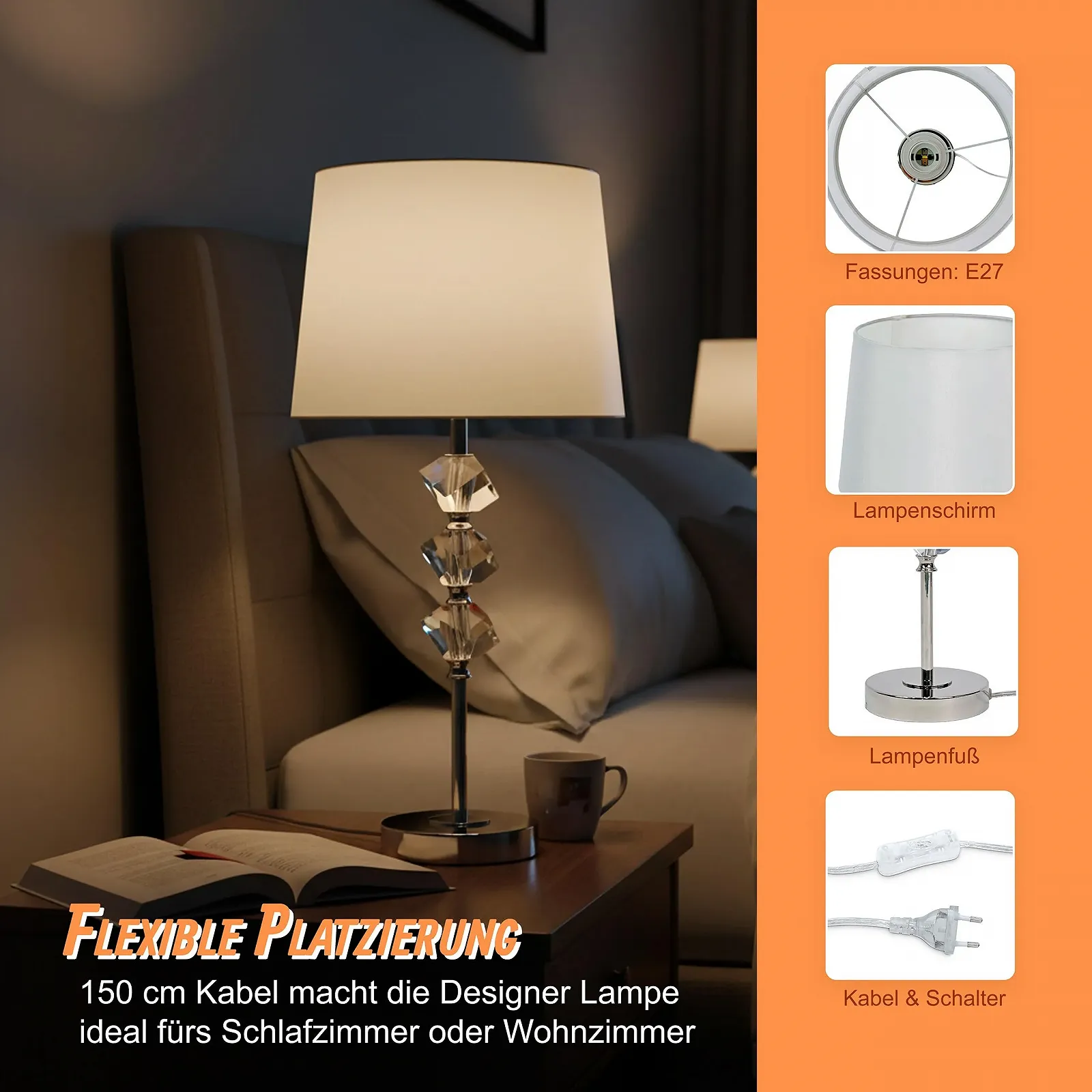 Настільна лампа Relaxdays Шовковий абажур E27 53 x 25 см Кремовий, фото №5