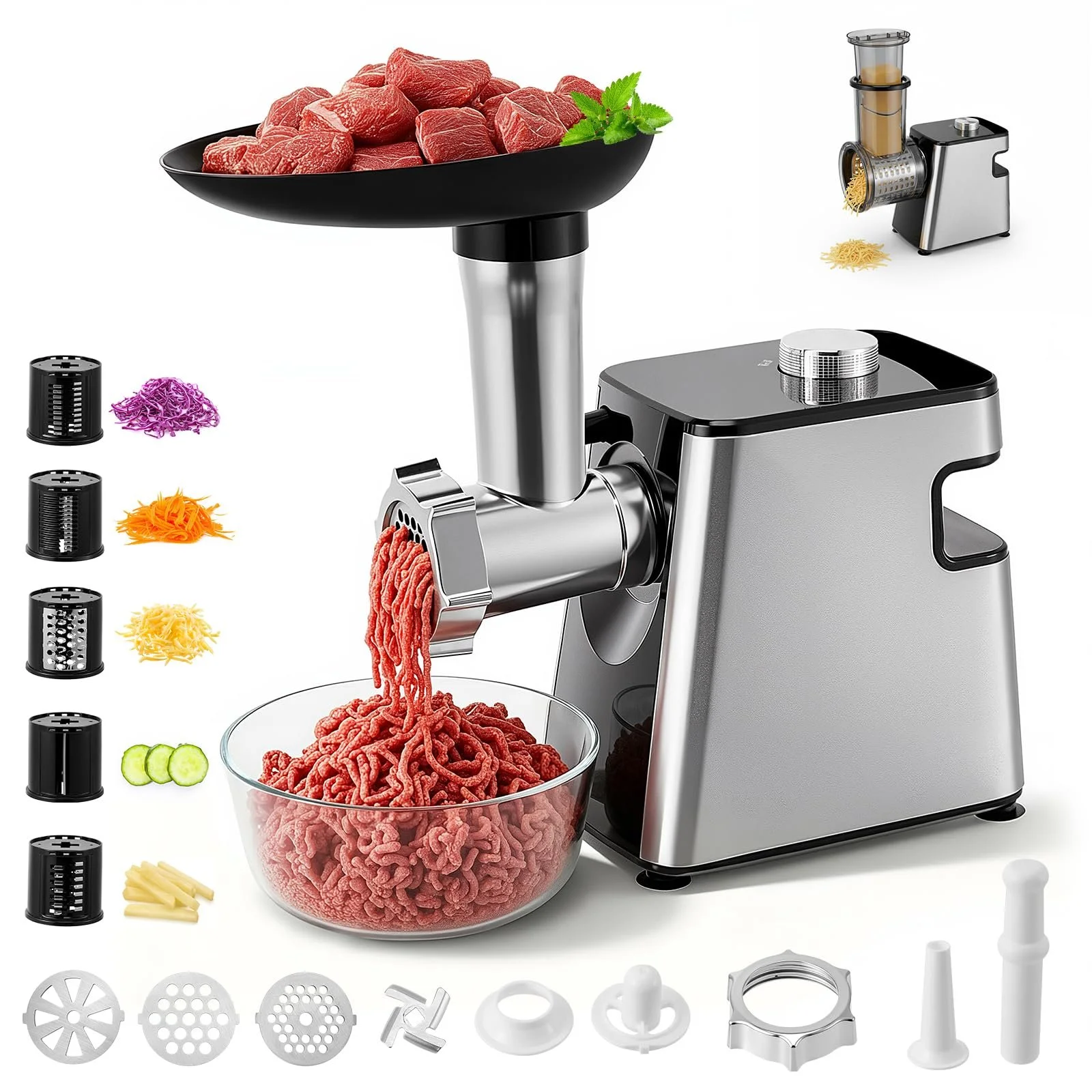Электрическая мясорубка 2800 W, 5-в-1, с насадками для овощей и сыра, фото №1