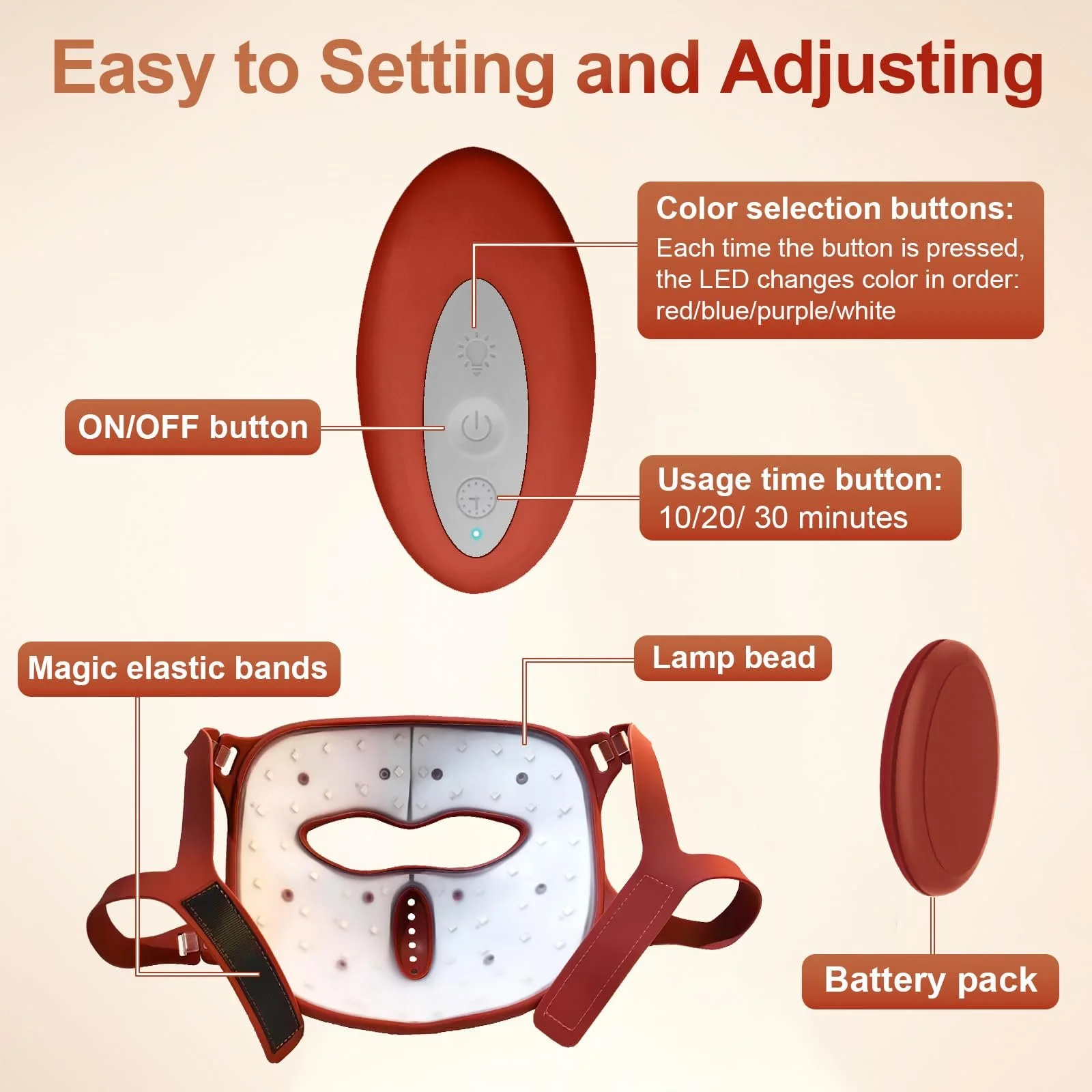 LED Маска для обличчя Rkdely Лампа червоного світла для обличчя: 4 кольори, фото №7