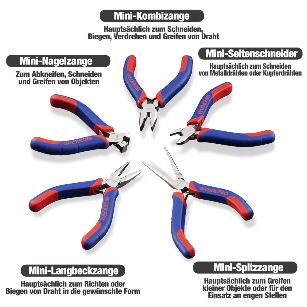 Мини плоскогубцы WORKPRO Набор прецизионных плоскогубцев W001305, 5 штук, фото №2 Мини плоскогубцы WORKPRO Набор прецизионных плоскогубцев W001305, 5 штук, фото №2