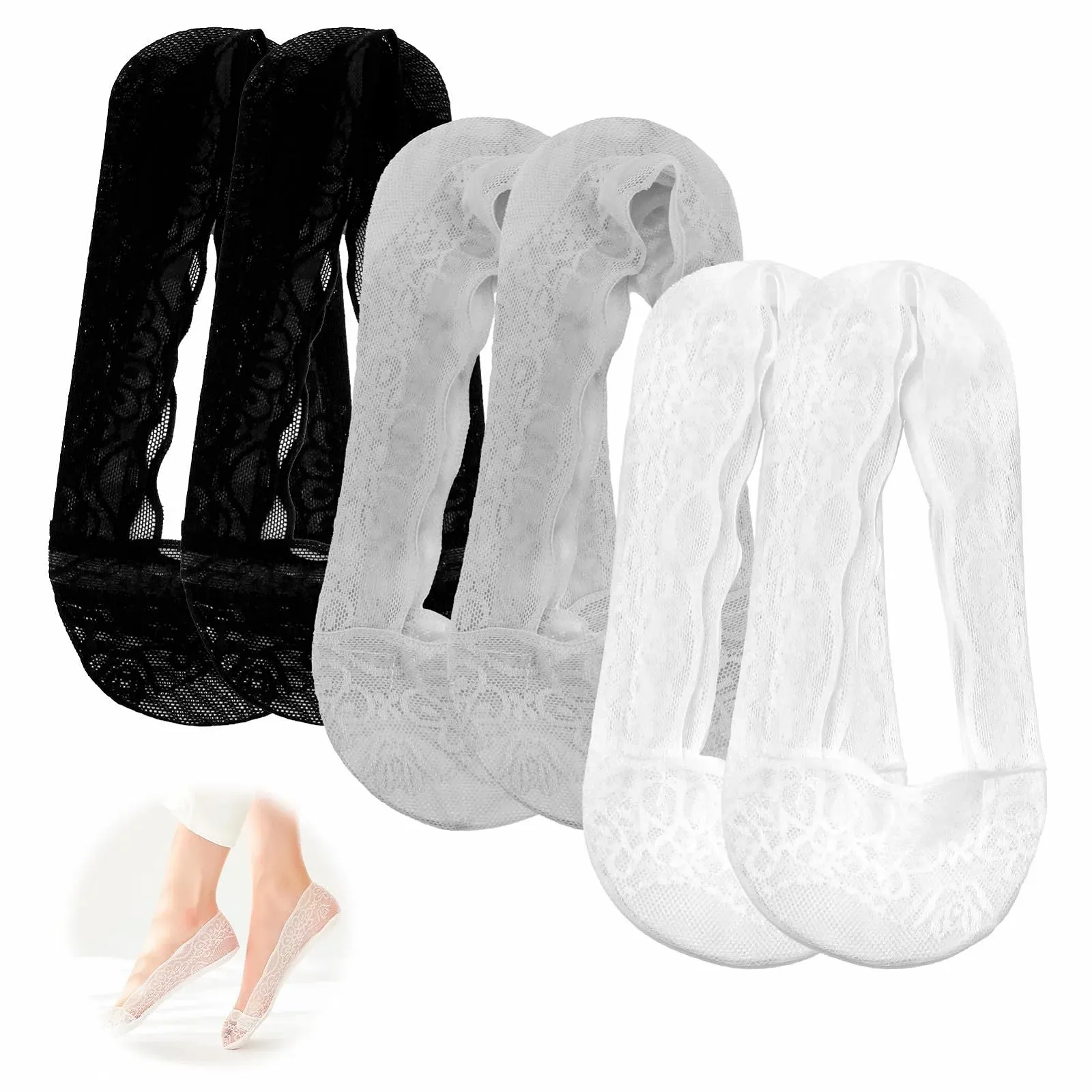 Носки-следки Кружевные Черный, Телесный, Серый, Светлый телесный, 6 пар, фото №7