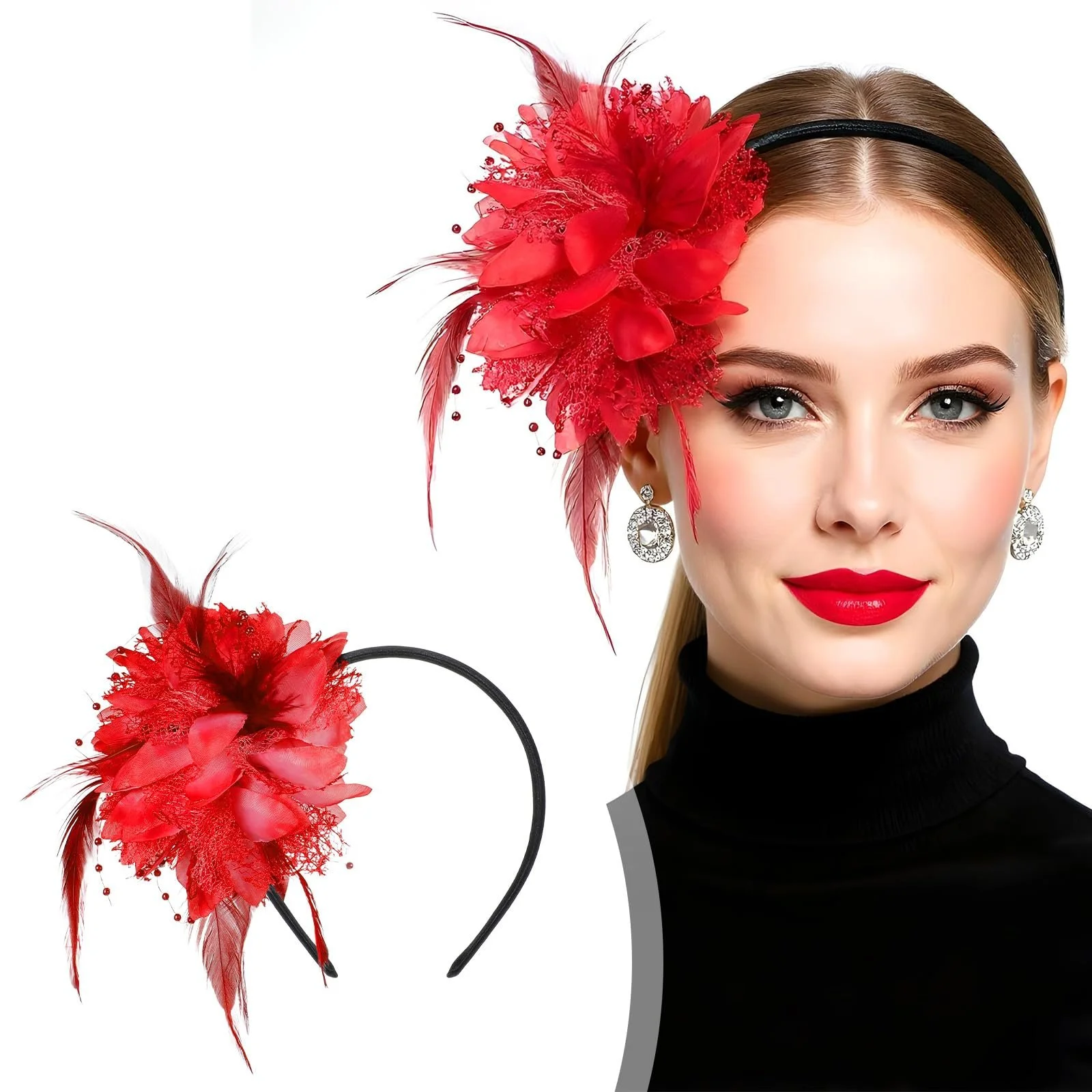 Обруч для жінок з пір'ям, бісером та вуаллю, фото №8