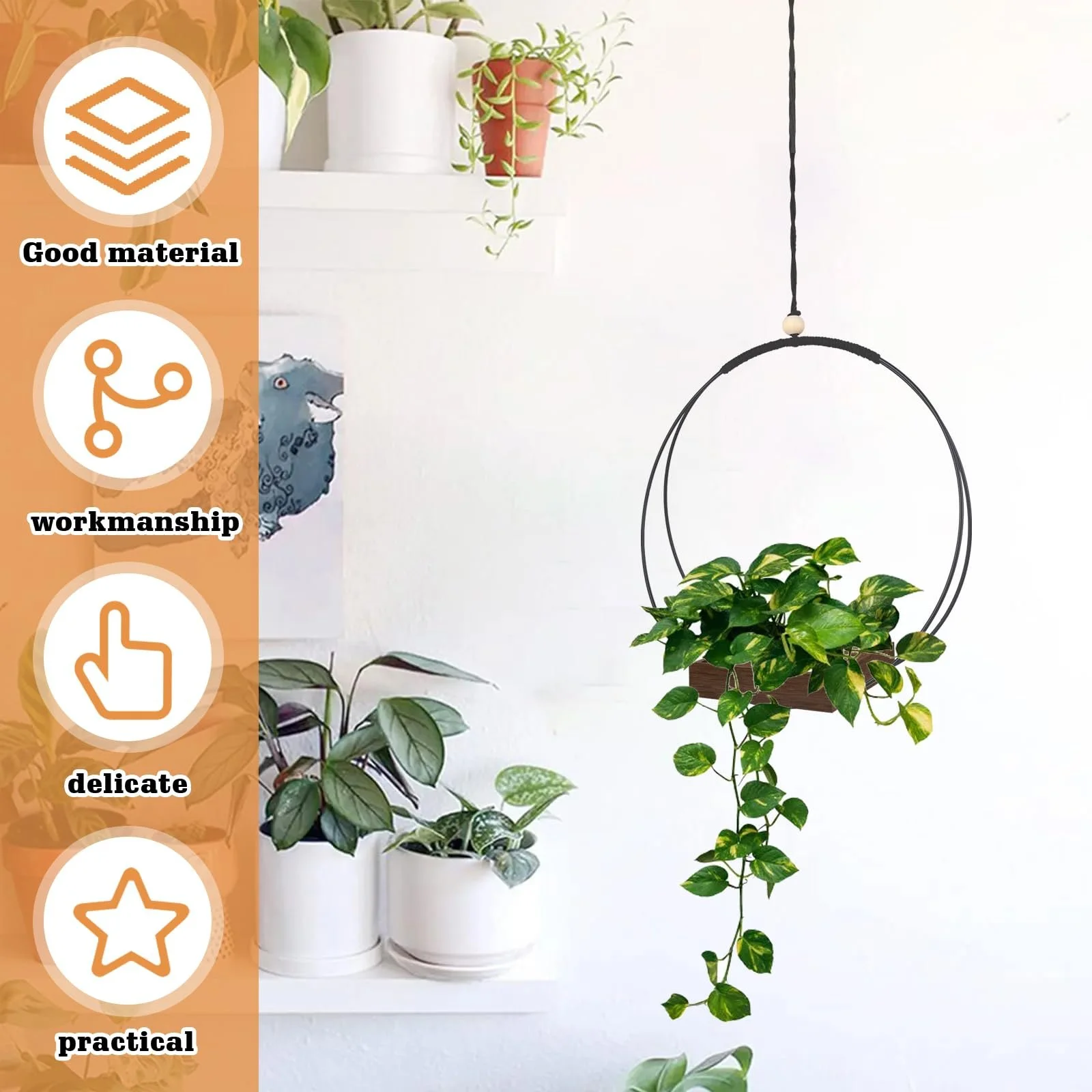 Набір підвісних кошиків макраме з дерев'яною основою, 2 шт., 93 см, Чорний/Коричневий, фото №5