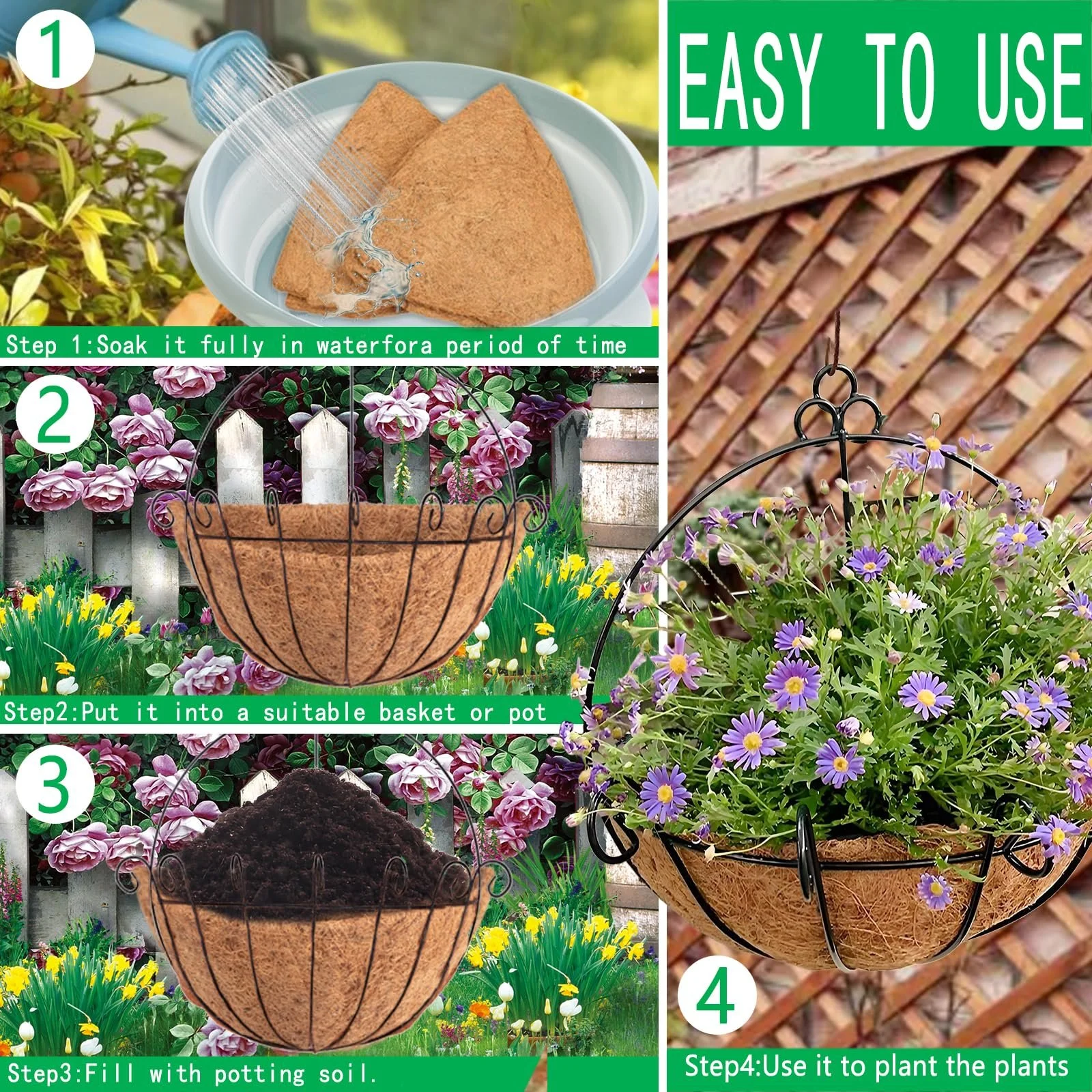 Вкладиші для підвісних кошиків напівкруглі з кокосового волокна 12 дюймів (30.5 см) Набір 3 шт., фото №5 Вкладиші для підвісних кошиків напівкруглі з кокосового волокна 12 дюймів (30.5 см) Набір 3 шт., фото №5