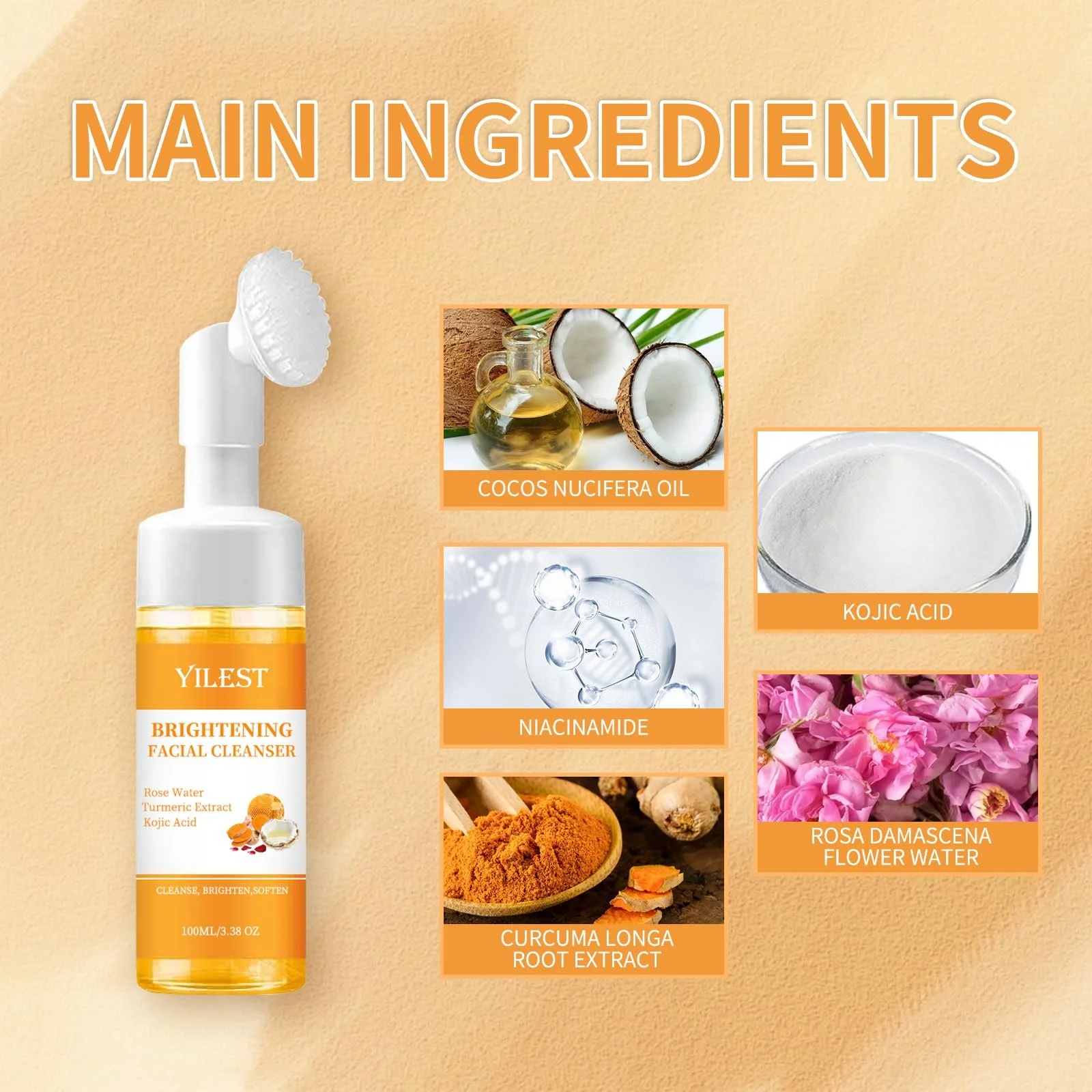 Очищающее средство для лица Куркума 100 мл, Успокаивающая очищающая пенка, Осветляющая пенка для лица с куркумой и койевой кислотой, Очищающая пенка с куркумой для всех типов кожи, 1 штука, фото №5