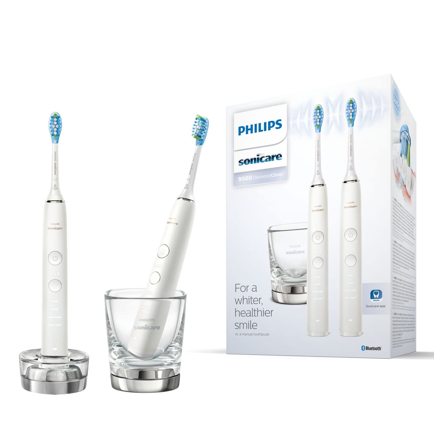 Электрическая зубная щетка Philips Sonicare DiamondClean 9000 HX9914/55 (двойная) - 2 шт., 4 программы чистки, таймер, стакан для зарядки, белая + белая, фото №1