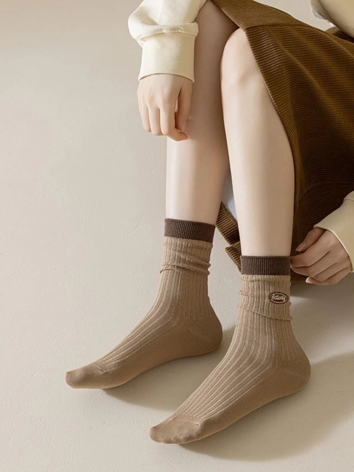 Женские носки в рубчик, набор 5 пар - коричневые и бежевые полоски, фото №5