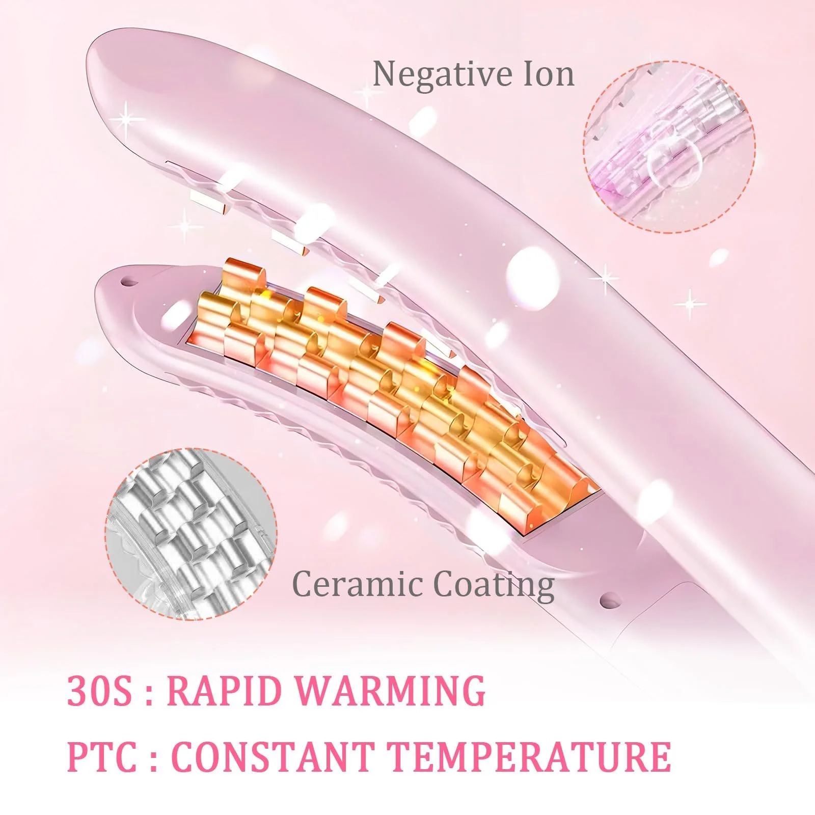 Плойка-гофре для волос PTC 3 режима температуры (160-200°C) с отрицательными ионами Розовая, фото №2