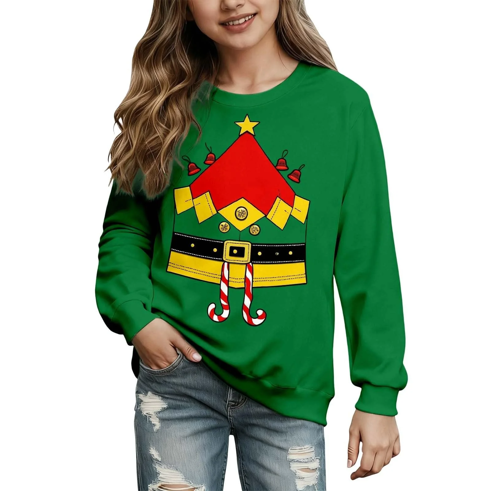 Рождественский джемпер Детский для девочек с мультяшным принтом Рождественский свитшот Модный Повседневный Круглый вырез Длинный рукав Удобный Рождественский джемпер Смешная Рождественская одежда для тематических вечеринок, фото №1