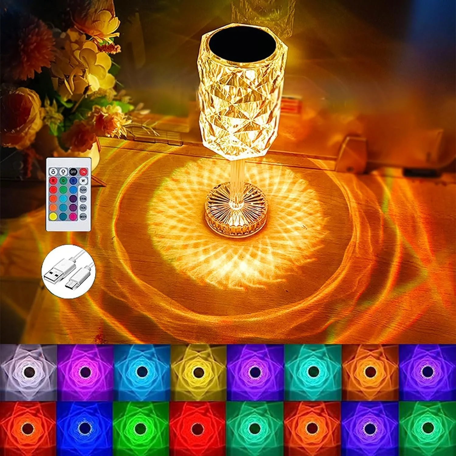 Настільна лампа Crystal Modern Rose Diamond LED сенсорна димована 16 кольорів 4 режими пульт RGB, фото №2