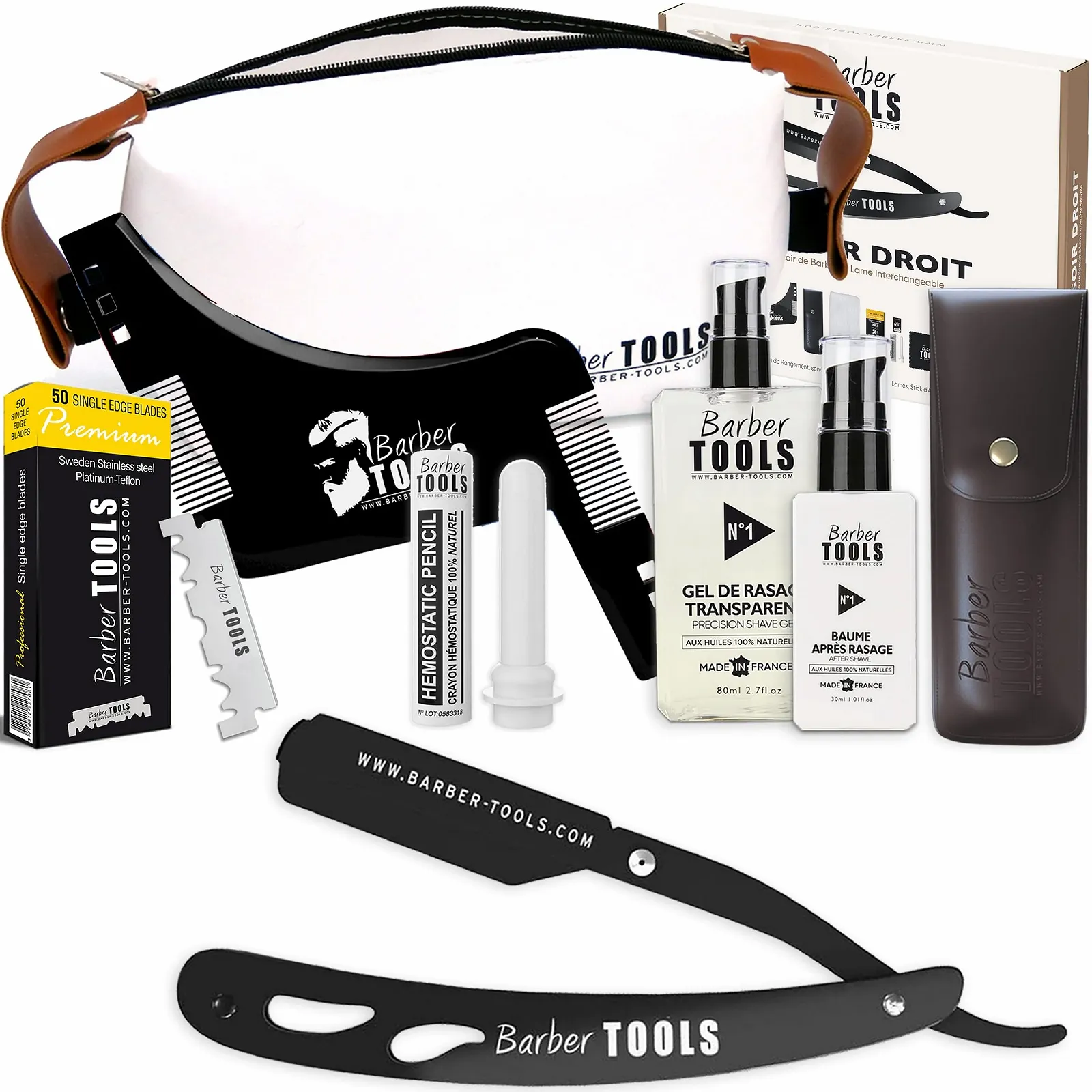 Набор для бритья бороды Barber Tools 50 лезвий, гель 80 мл, бальзам 30 мл, гребень, квасцы и сумка Black, фото №1 Набор для бритья бороды Barber Tools 50 лезвий, гель 80 мл, бальзам 30 мл, гребень, квасцы и сумка Black, фото №1