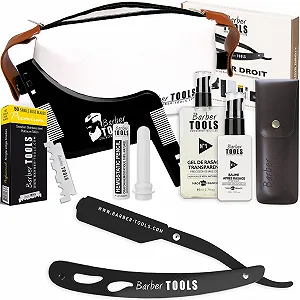 Набор для бритья бороды Barber Tools 50 лезвий, гель 80 мл, бальзам 30 мл, гребень, квасцы и сумка Black - Фото 1