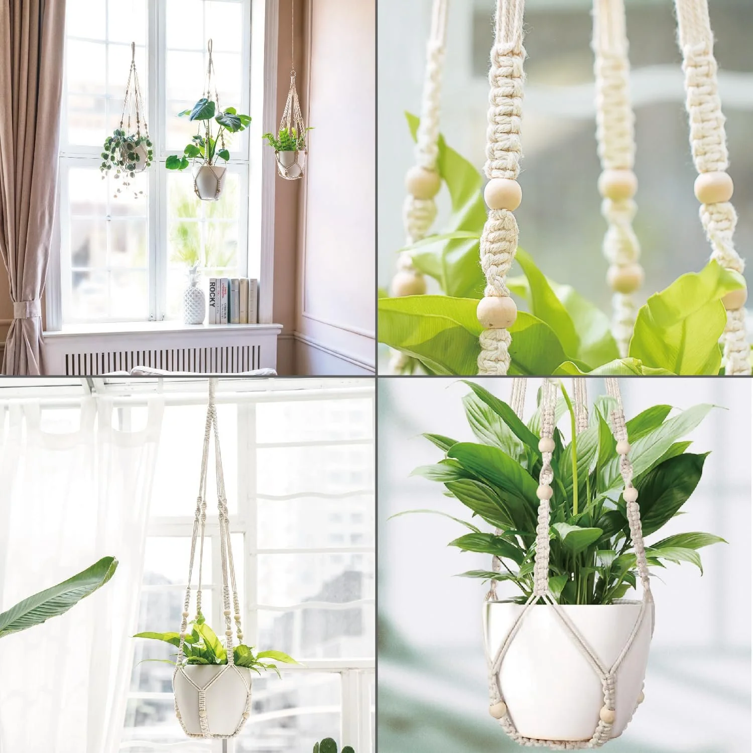 Підвісний кошик макраме Boho бавовняний з намистинами без китиць 1 шт, фото №9