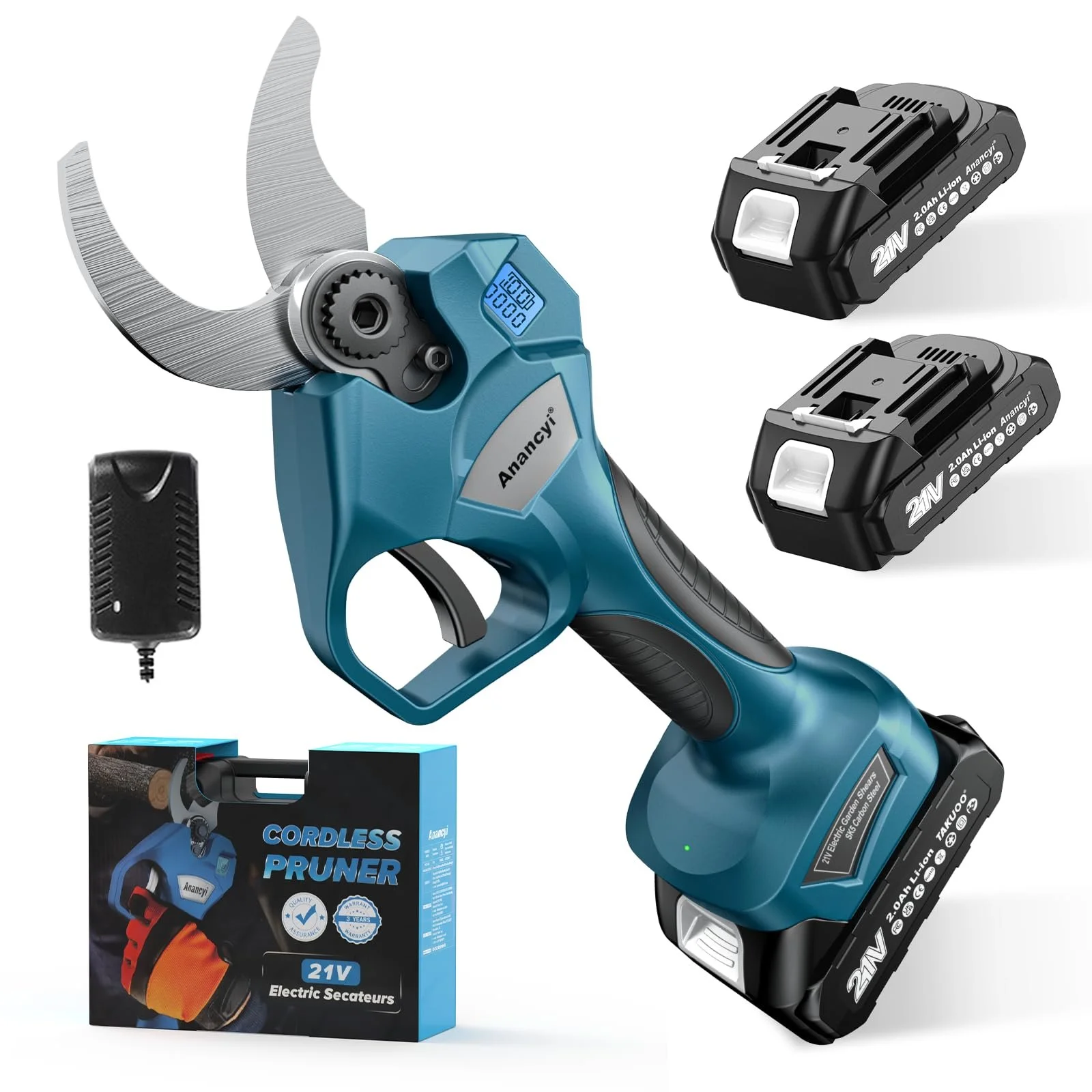 Секатор акумуляторний Anancyi 21 V для гілок дерев, квітів, електричний, максимальний отвір 65 мм, діаметр різання 40 мм, 2 x 2.0 Ah батареї, безщітковий двигун, РК-дисплей, фото №1