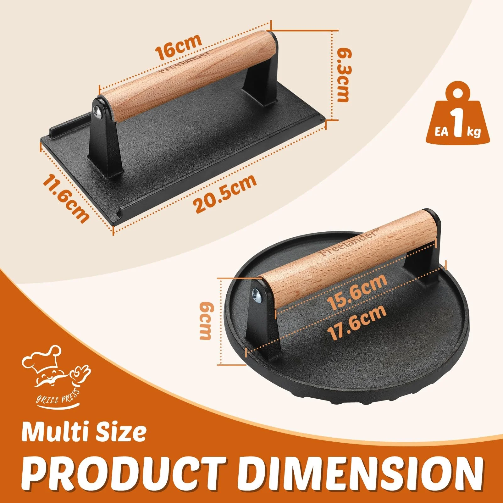 Набор прессов для бургеров Freelander чугунный 2 шт круглый и прямоугольный, фото №3