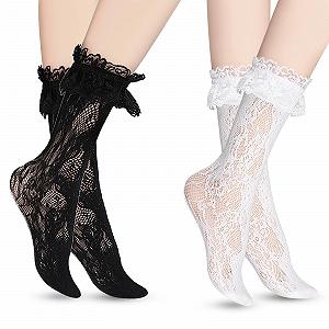 Носки с рюшами, Кружевные носки Женские с рюшами, Носки-следки для женщин, Носки Лолита, Аксессуары принцессы (2 пары, Белый/Черный) черный/белый - Фото 1