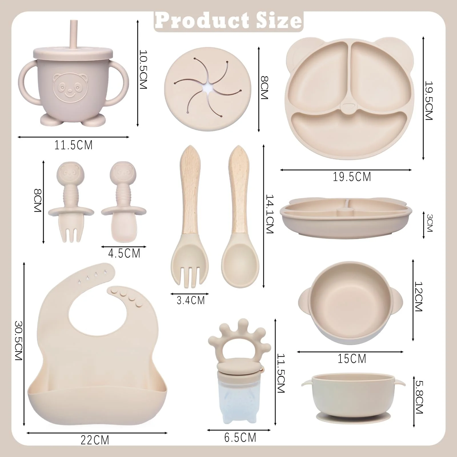 Набор детской посуды Dazhtu 10 предметов: силиконовая детская тарелка, нескользящая с присоской, миска, слюнявчик, ложка, вилка, поильник, фруктовый набор, бежевый, фото №2 Набор детской посуды Dazhtu 10 предметов: силиконовая детская тарелка, нескользящая с присоской, миска, слюнявчик, ложка, вилка, поильник, фруктовый набор, бежевый, фото №2