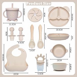 Набор детской посуды Dazhtu 10 предметов: силиконовая детская тарелка, нескользящая с присоской, миска, слюнявчик, ложка, вилка, поильник, фруктовый набор, бежевый synthetic.ua - Фото 1