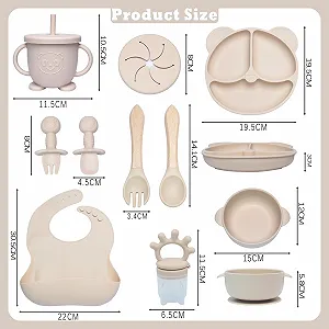 Набір дитячого посуду Dazhtu 10 предметів: силіконова дитяча тарілка, нековзна з присоскою, миска, слинявчик, ложка, виделка, поїльник, фруктовий набір, бежевий synthetic.ua - Фото 1