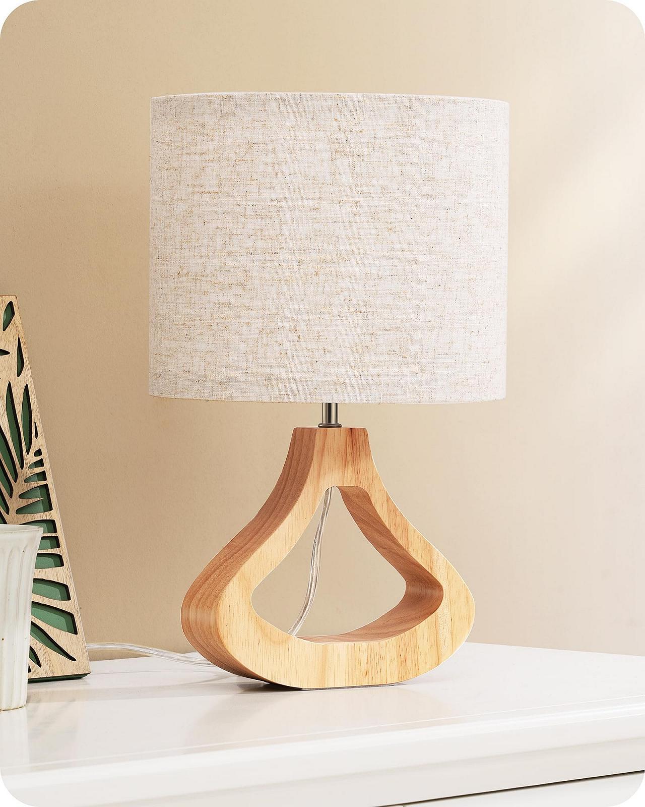 Настільна лампа EDISHINE дерев'яна E27 лляний абажур з кабелем вінтажна Клас F Бежева, фото №1