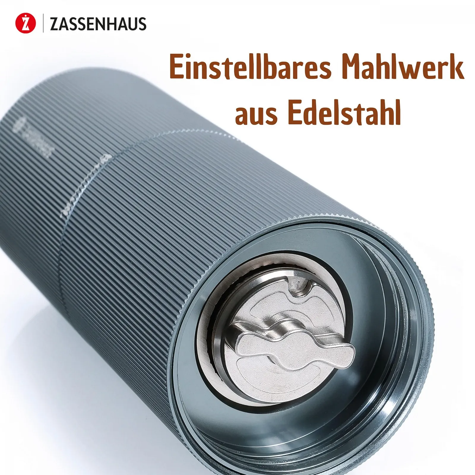 Електрична кавомолка ZASSENHAUS Master USB, нержавіюча сталь, регульований помел, високопродуктивна, еспресо-кавомолка з акумулятором, ребристий корпус, сіра, з контейнером, фото №2